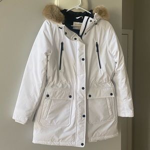 White Michael Kors down parka with faux fur hood